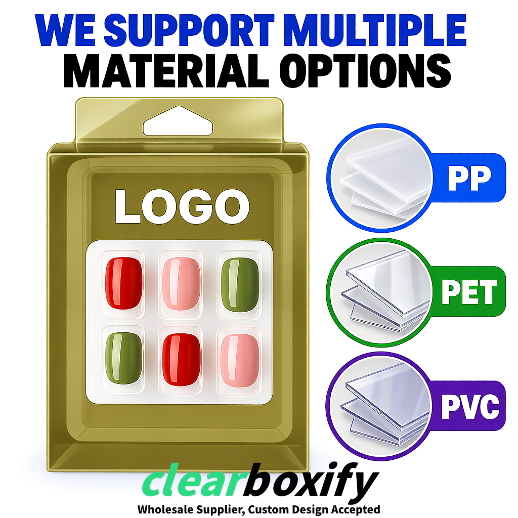 Khaki Clear Press-on Nails Box with Hanging Hook | Plastic PVC PP PET Packaging