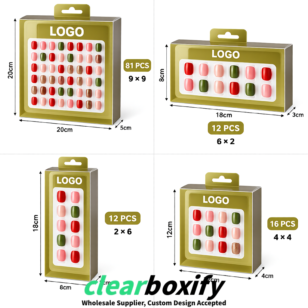 Khaki Clear Press-on Nails Box with Hanging Hook | Plastic PVC PP PET Packaging