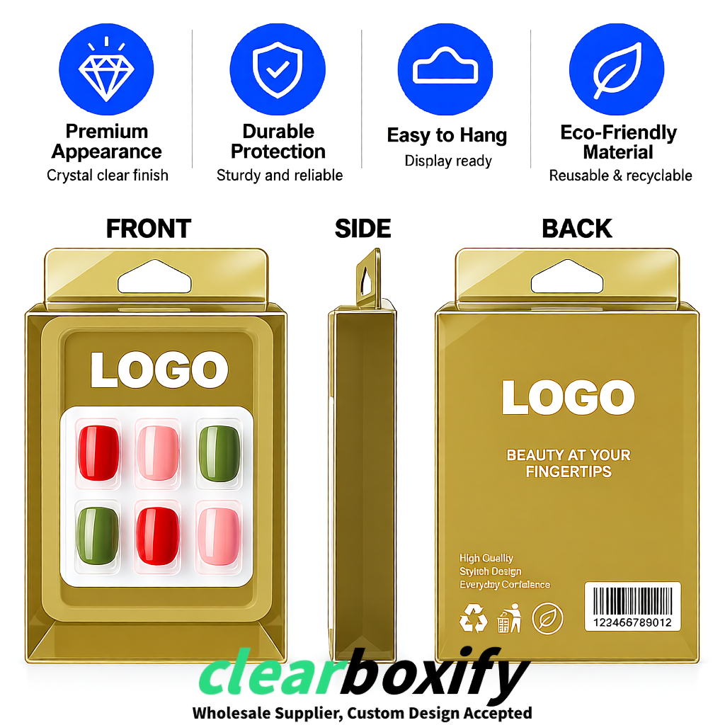 Khaki Clear Press-on Nails Box with Hanging Hook | Plastic PVC PP PET Packaging