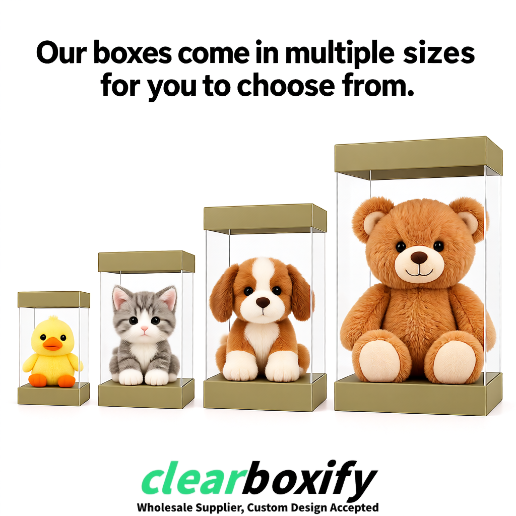 Khaki Clear Toy Display Boxes with White Base & Top | Wholesale Bulk Packaging