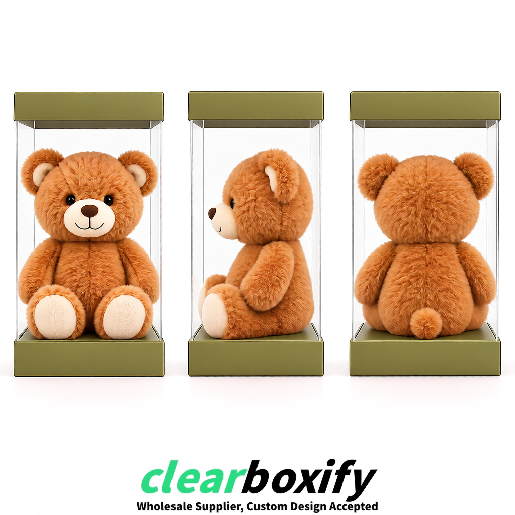 Khaki Clear Toy Display Boxes with White Base & Top | Wholesale Bulk Packaging