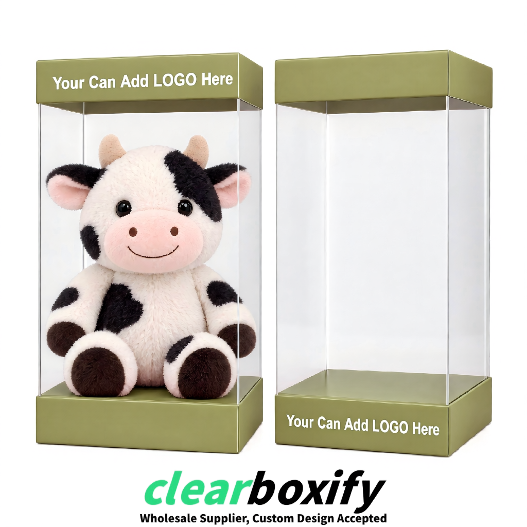 Khaki Clear Toy Display Boxes with White Base & Top | Wholesale Bulk Packaging