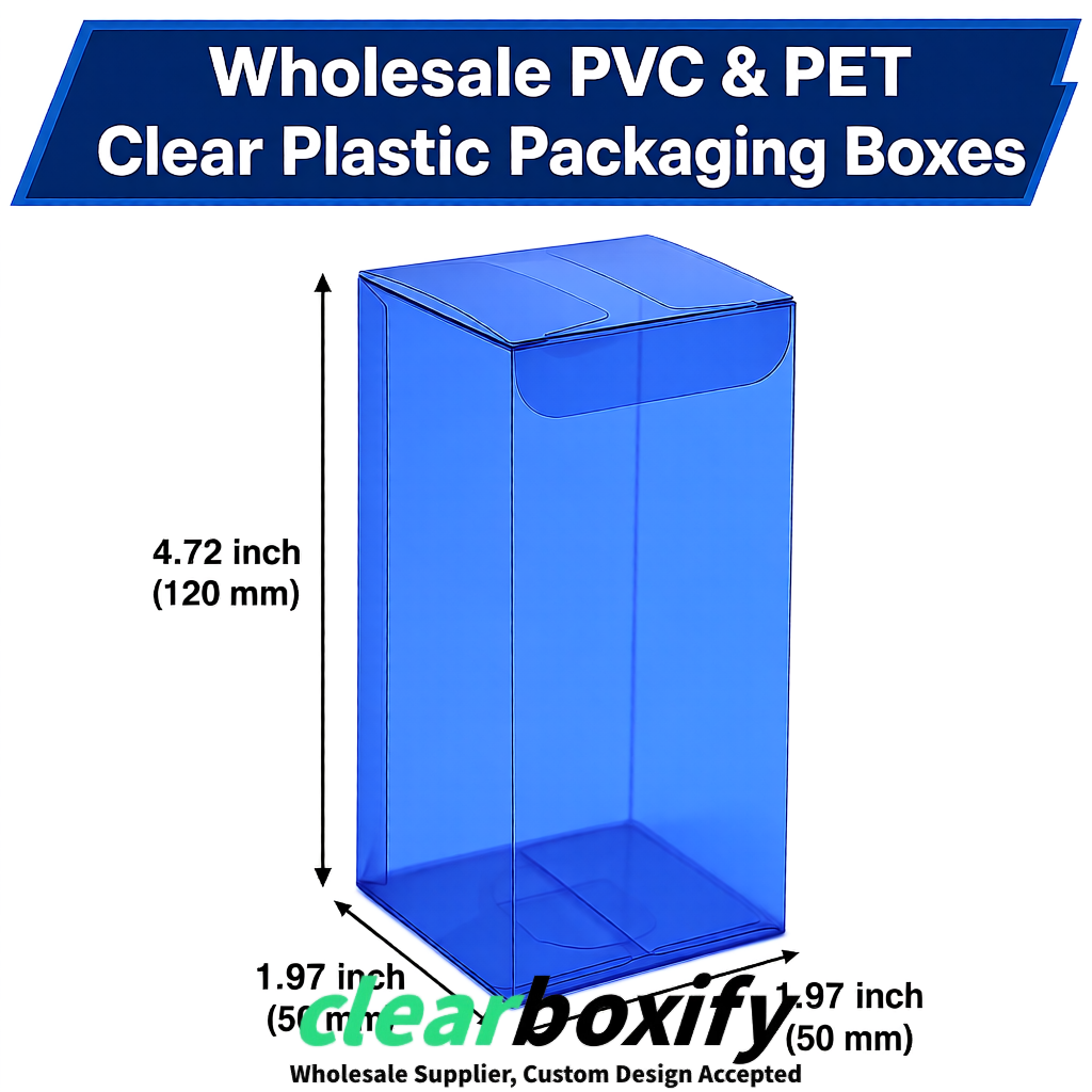 Klein Blue Wholesale Clear PVC & PET Boxes 50x50x120/150/200mm 60x60x60/120 mm