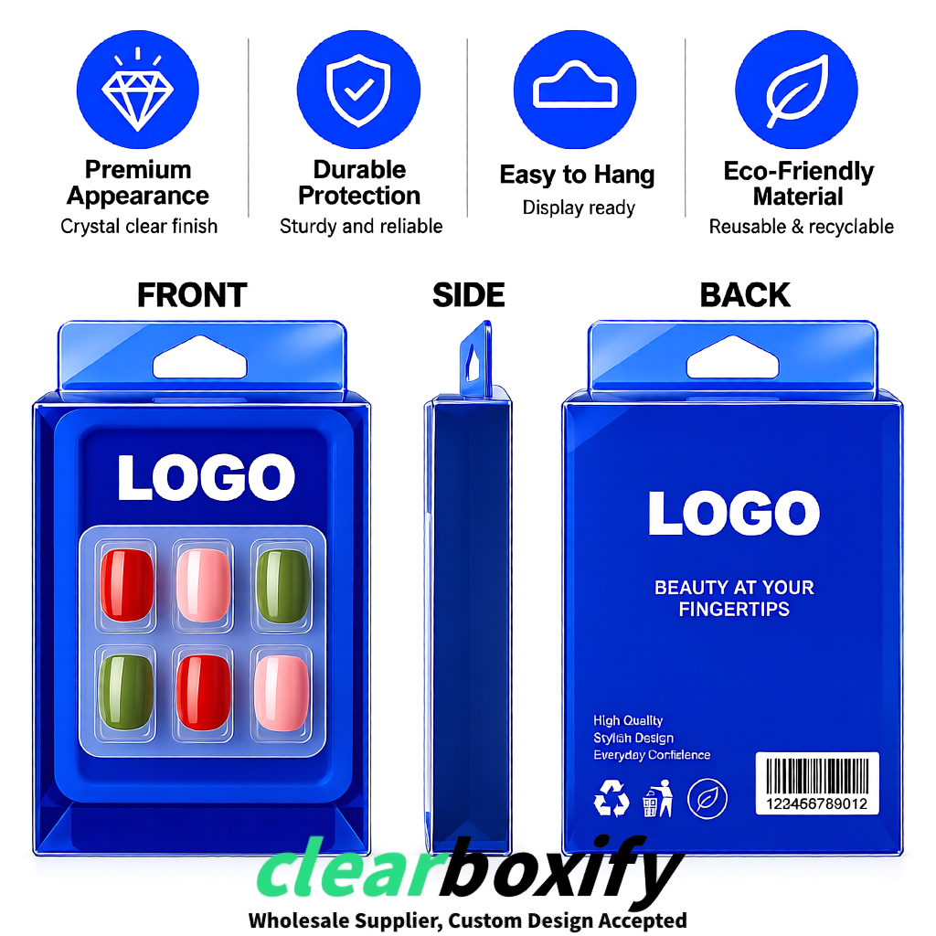 Klein Blue Clear Press-on Nails Box with Hanging Hook | Plastic PVC PP PET Packaging