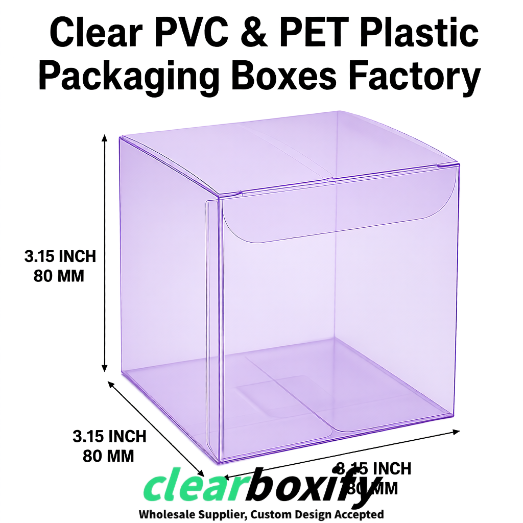 Lavender PPWR-ready PVC & PET Clear Boxes 80x80x80/120/140/190mm 70x70x160 mm Factory