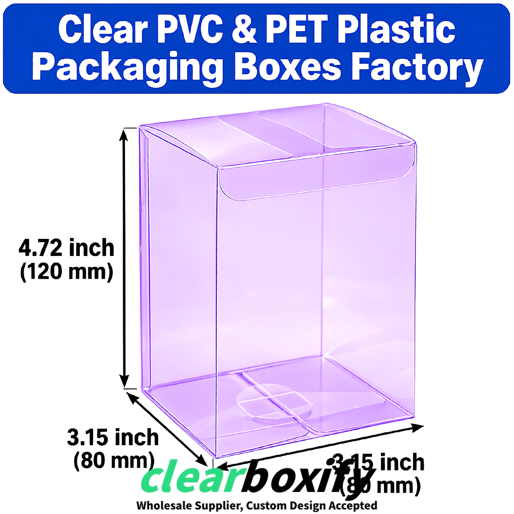Lavender PPWR-ready PVC & PET Clear Boxes 80x80x80/120/140/190mm 70x70x160 mm Factory