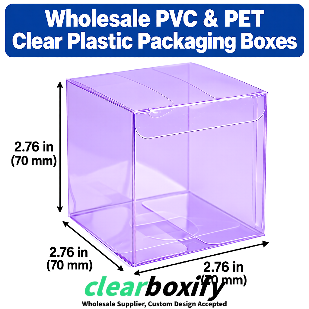 PPWR-Aligned Lavender Translucent PVC & PET Boxes 60x60x180mm 76x76x76mm 70x70x70/100/120mm