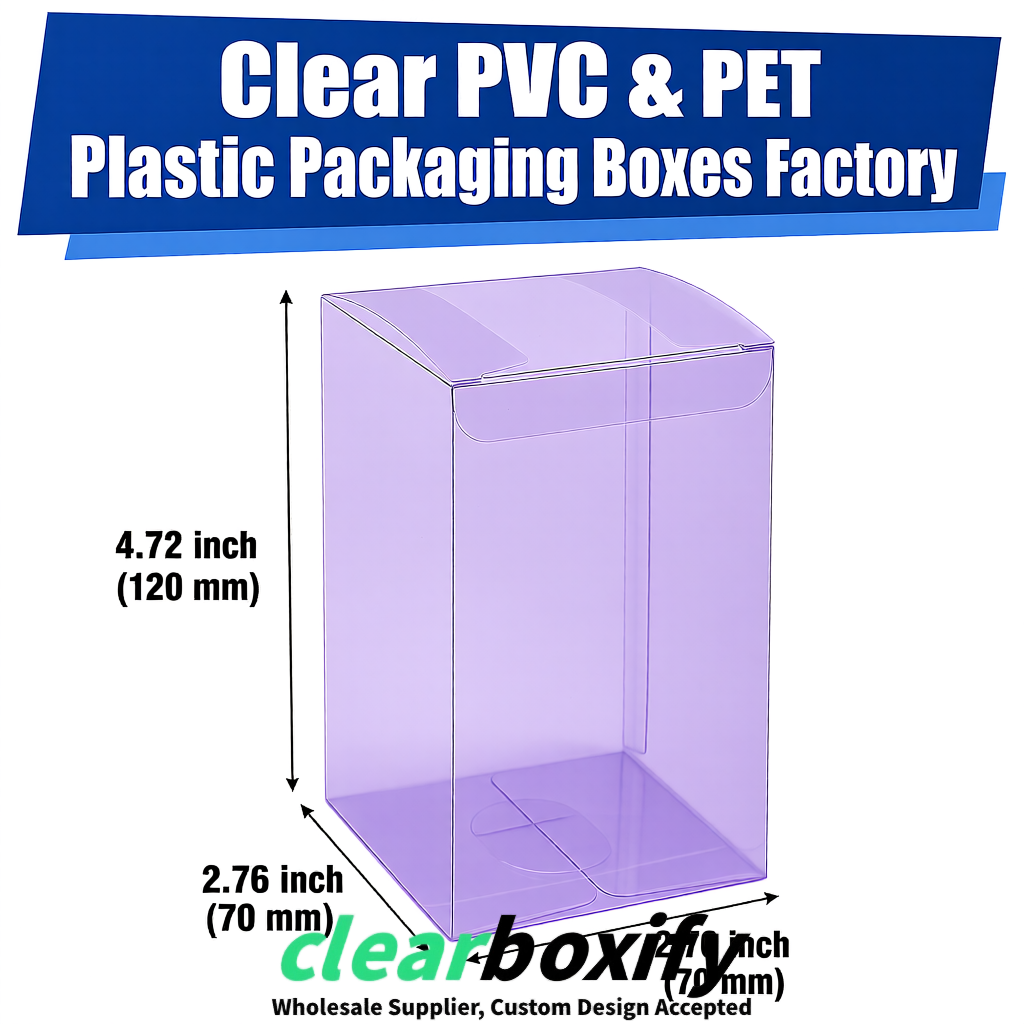 PPWR-Aligned Lavender Translucent PVC & PET Boxes 60x60x180mm 76x76x76mm 70x70x70/100/120mm