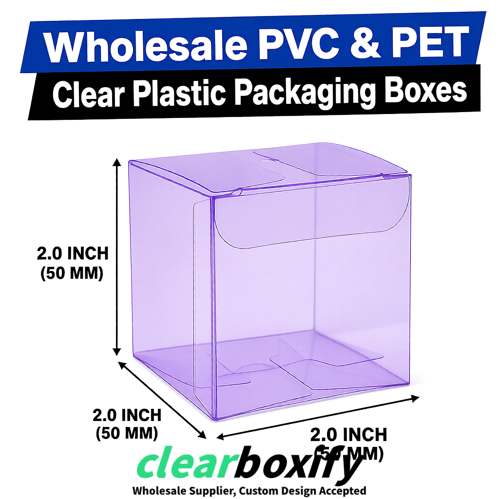 Lavender Clear PVC & PET Boxes 38x38x38, 40x40x40, 50x50x50/80mm