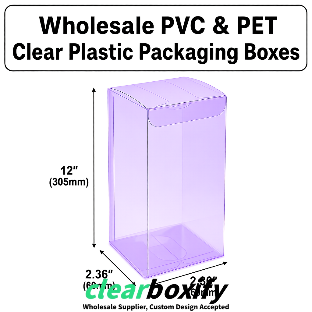 Lavender Wholesale Clear PVC & PET Boxes 50x50x120/150/200mm 60x60x60/120 mm Lavender Wholesale Clear PVC & PET Boxes 50x50x120/150/200mm 60x60x60/120 mm