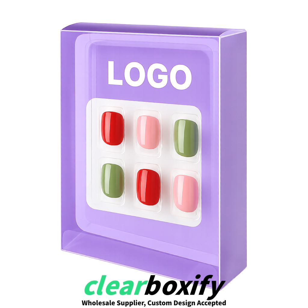 Lavender Clear Press-on Nails Box with Hanging Hook | Plastic PVC PP PET Packaging