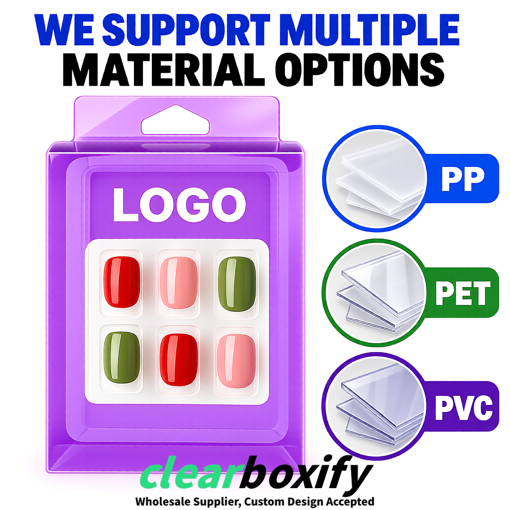 Lavender Clear Press-on Nails Box with Hanging Hook | Plastic PVC PP PET Packaging Lavender Clear Press-on Nails Box with Hanging Hook | Plastic PVC PP PET Packaging