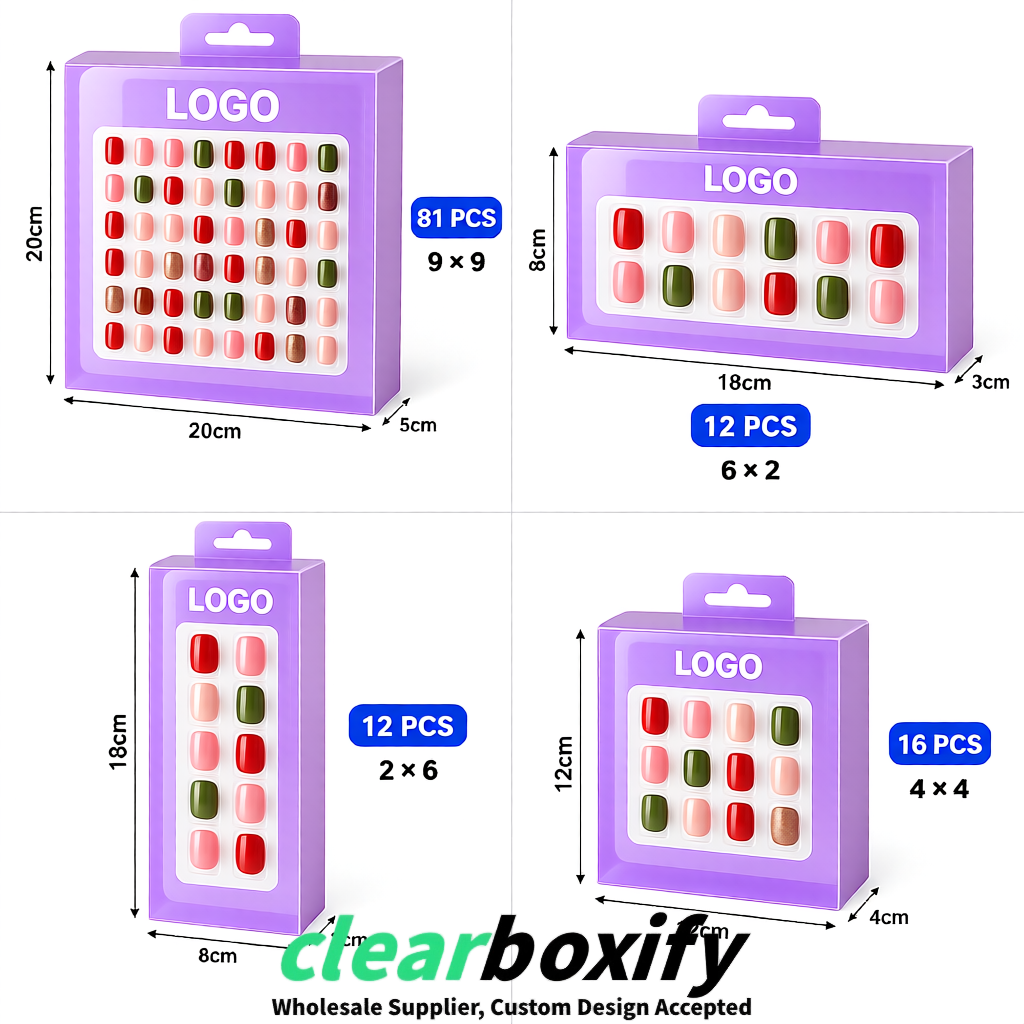 Lavender Clear Press-on Nails Box with Hanging Hook | Plastic PVC PP PET Packaging