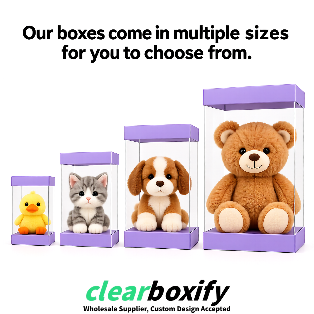 Lavender Clear Toy Display Boxes with White Base & Top | Wholesale Bulk Packaging