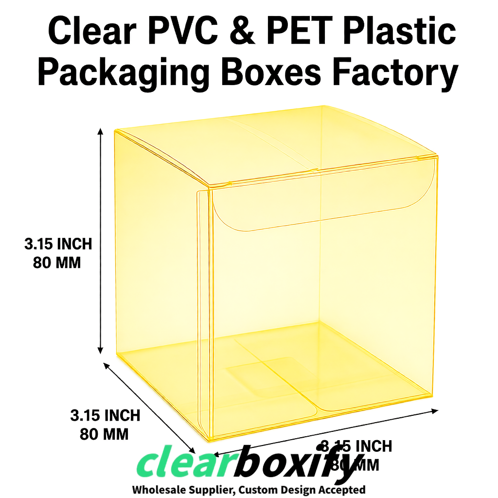Lemon Yellow PPWR-ready PVC & PET Clear Boxes 80x80x80/120/140/190mm 70x70x160 mm Factory
