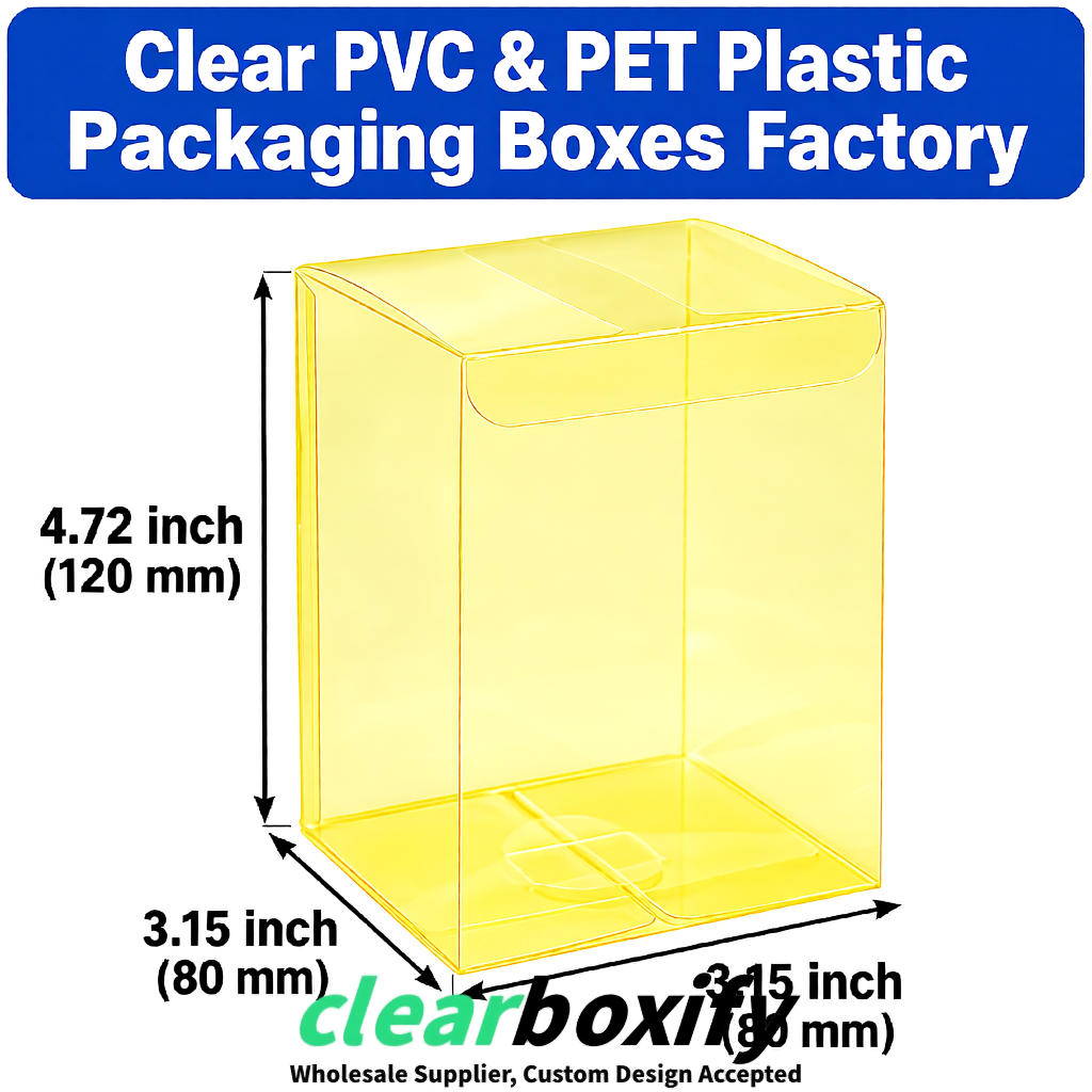Lemon Yellow PPWR-ready PVC & PET Clear Boxes 80x80x80/120/140/190mm 70x70x160 mm Factory