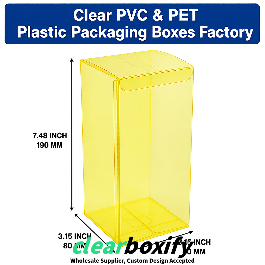 Lemon Yellow PPWR-ready PVC & PET Clear Boxes 80x80x80/120/140/190mm 70x70x160 mm Factory