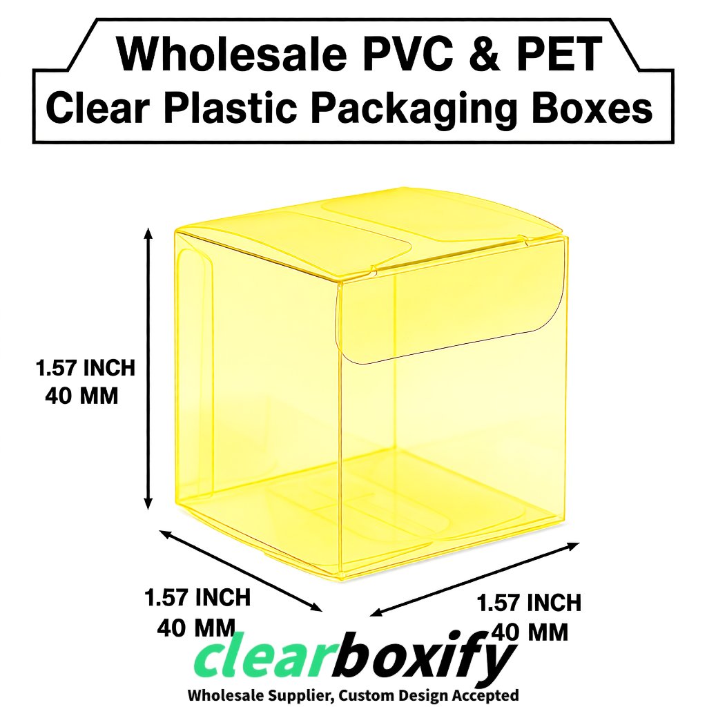 Lemon Yellow Clear PVC & PET Boxes 38x38x38, 40x40x40, 50x50x50/80mm