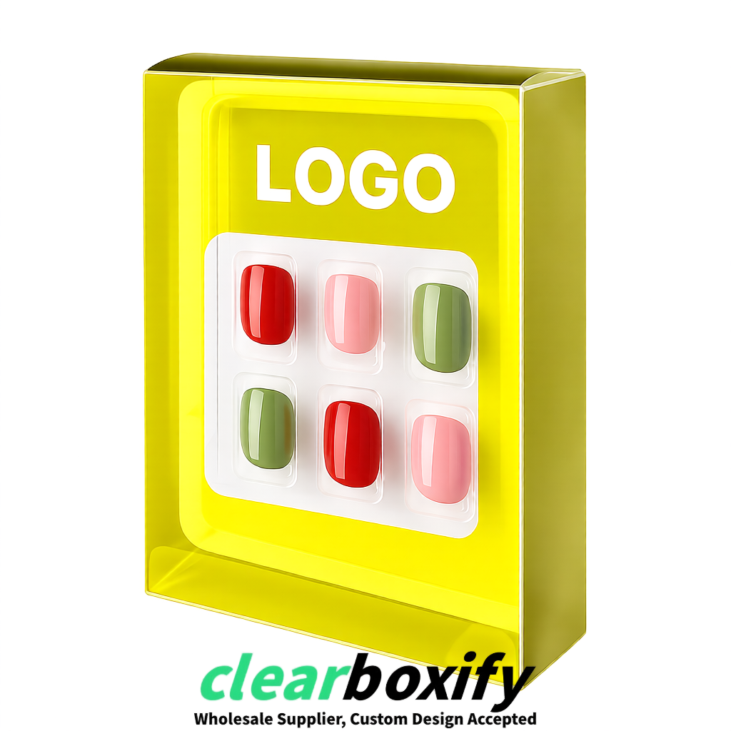 Lemon Yellow Clear Press-on Nails Box with Hanging Hook | Plastic PVC PP PET Packaging