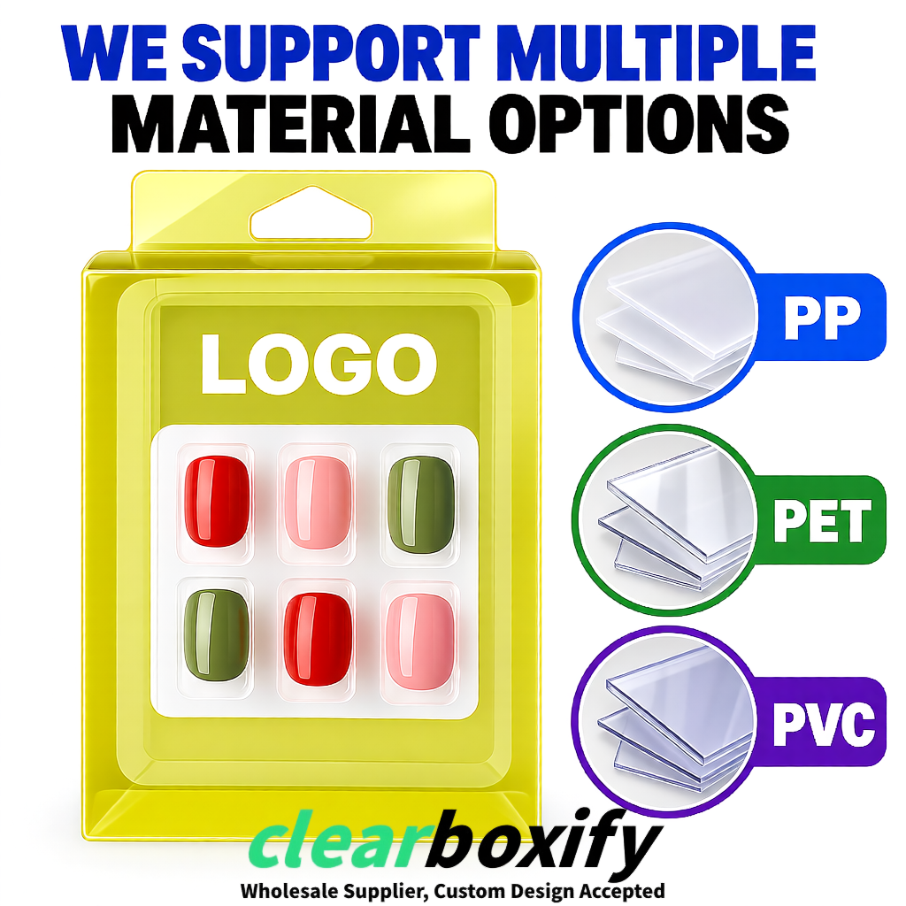 Lemon Yellow Clear Press-on Nails Box with Hanging Hook | Plastic PVC PP PET Packaging