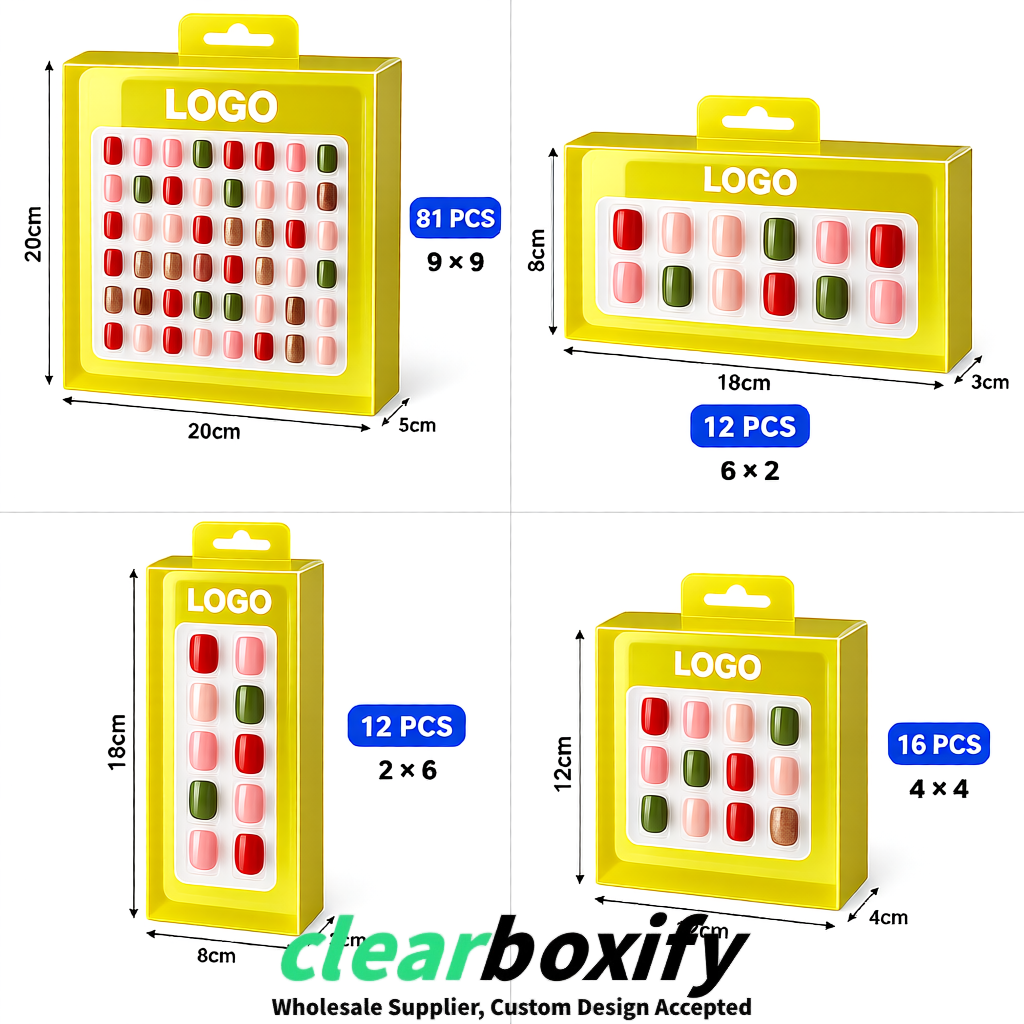 Lemon Yellow Clear Press-on Nails Box with Hanging Hook | Plastic PVC PP PET Packaging