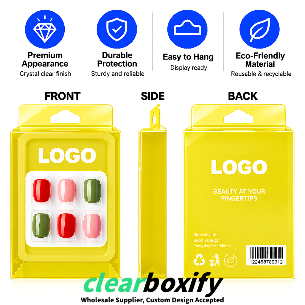 Lemon Yellow Clear Press-on Nails Box with Hanging Hook | Plastic PVC PP PET Packaging Lemon Yellow Clear Press-on Nails Box with Hanging Hook | Plastic PVC PP PET Packaging
