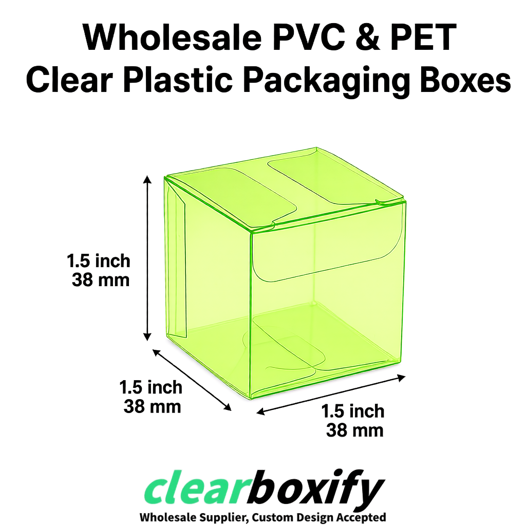 Lime Green Clear PVC & PET Boxes 38x38x38, 40x40x40, 50x50x50/80mm