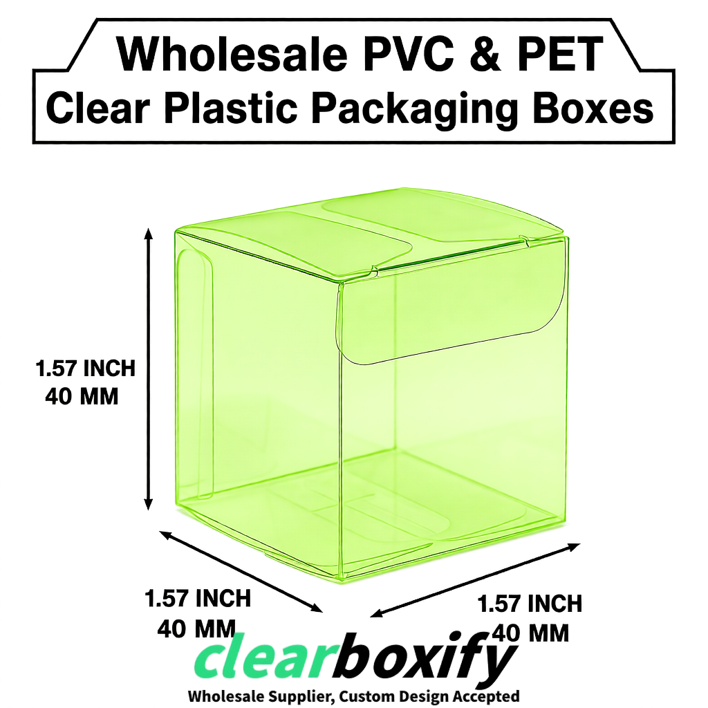 Lime Green Clear PVC & PET Boxes 38x38x38, 40x40x40, 50x50x50/80mm