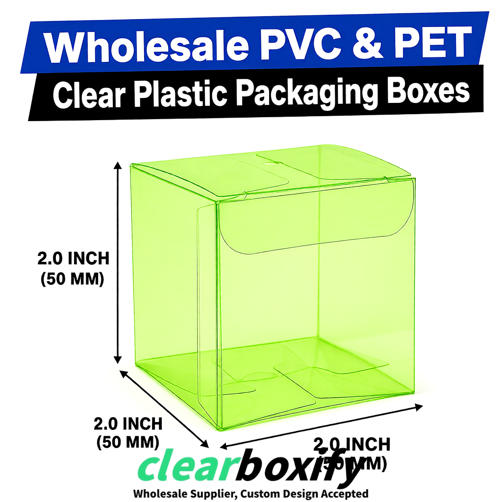 Lime Green Clear PVC & PET Boxes 38x38x38, 40x40x40, 50x50x50/80mm