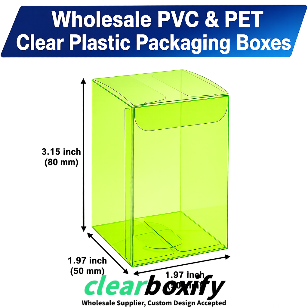 Lime Green Clear PVC & PET Boxes 38x38x38, 40x40x40, 50x50x50/80mm