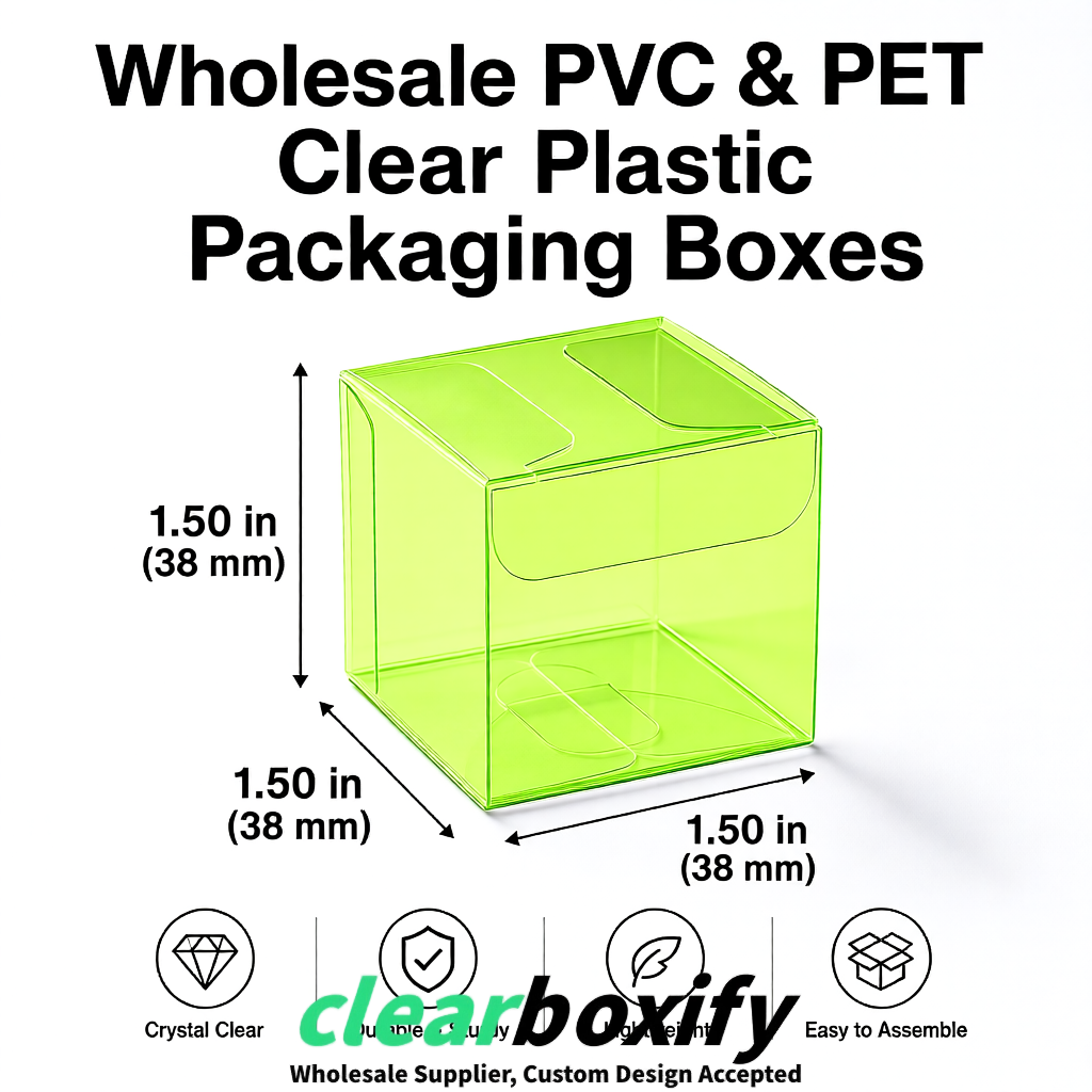 Lime Green Clear PVC & PET Boxes 38x38x38, 40x40x40, 50x50x50/80mm