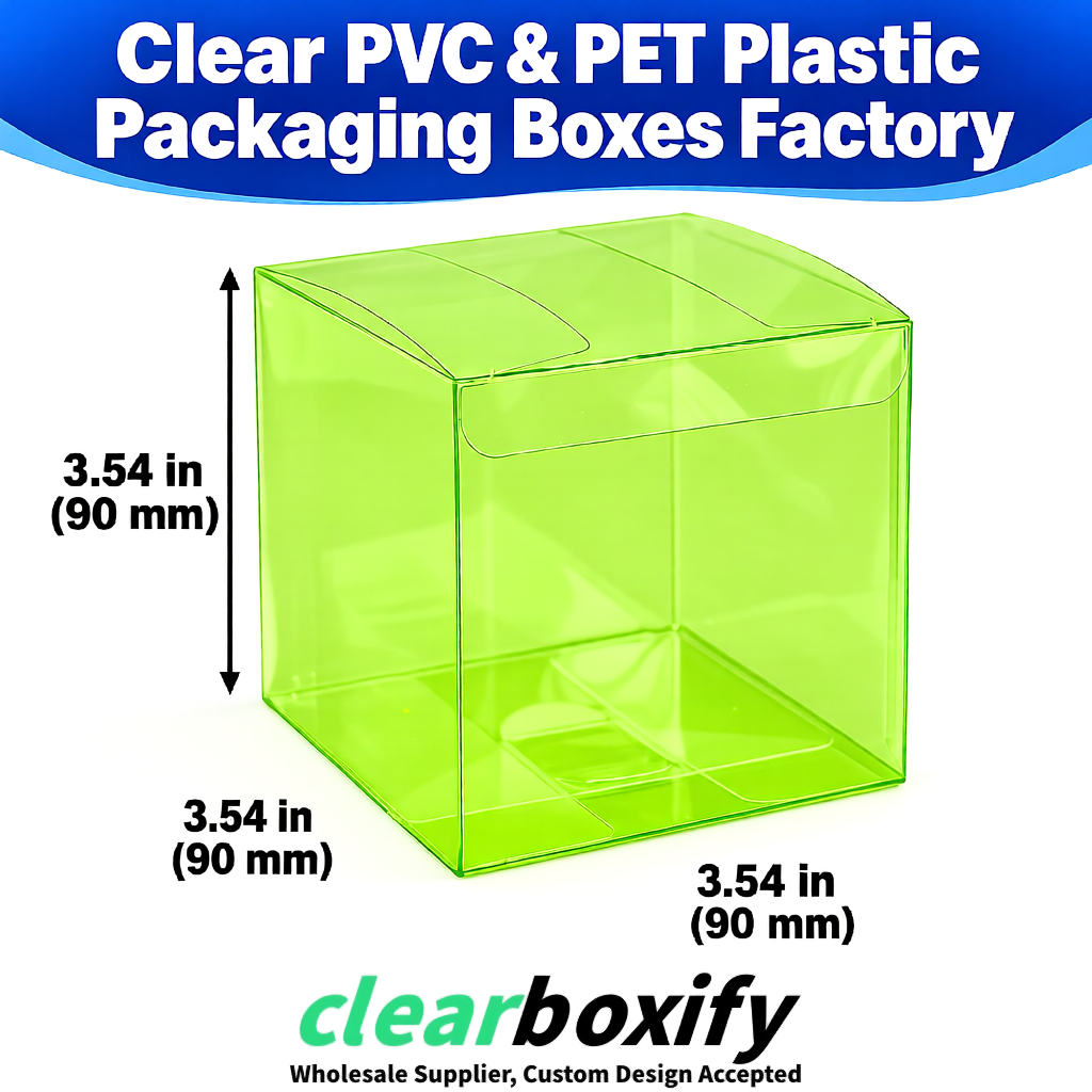 Wholesale Lime Green Clear PVC & PET Boxes 90x90x90mm 100x100x30/50/100mm