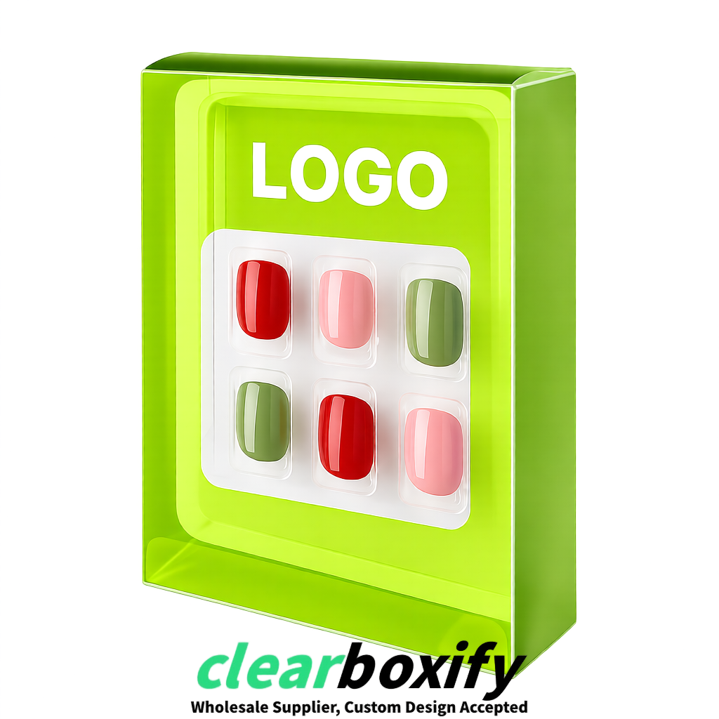 Lime Green Clear Press-on Nails Box with Hanging Hook | Plastic PVC PP PET Packaging