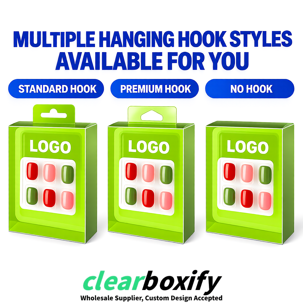 Lime Green Clear Press-on Nails Box with Hanging Hook | Plastic PVC PP PET Packaging