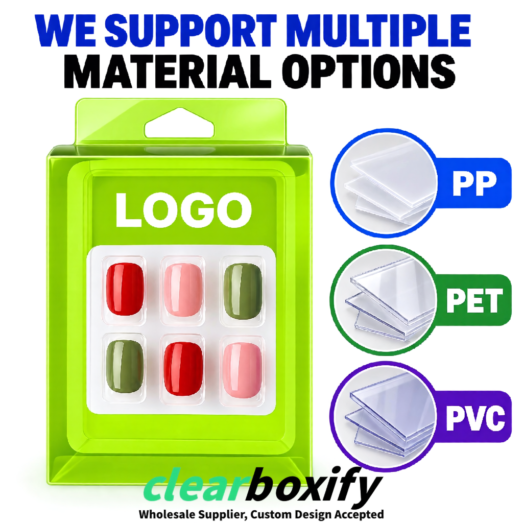 Lime Green Clear Press-on Nails Box with Hanging Hook | Plastic PVC PP PET Packaging