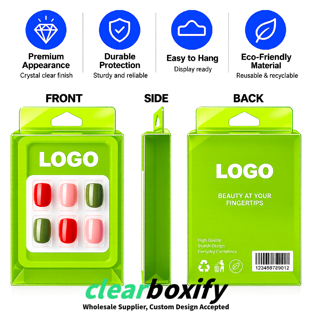 Lime Green Clear Press-on Nails Box with Hanging Hook | Plastic PVC PP PET Packaging