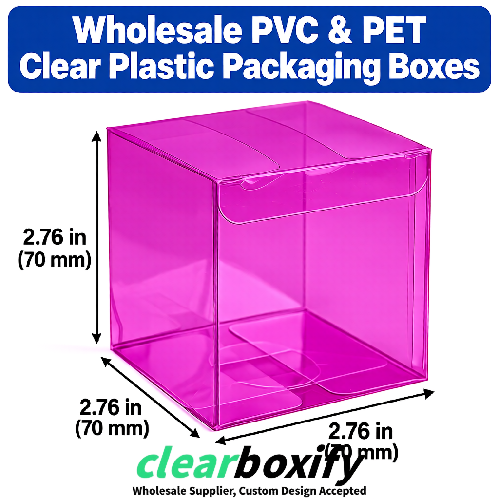 PPWR-Aligned Magenta Translucent PVC & PET Boxes 60x60x180mm 76x76x76mm 70x70x70/100/120mm
