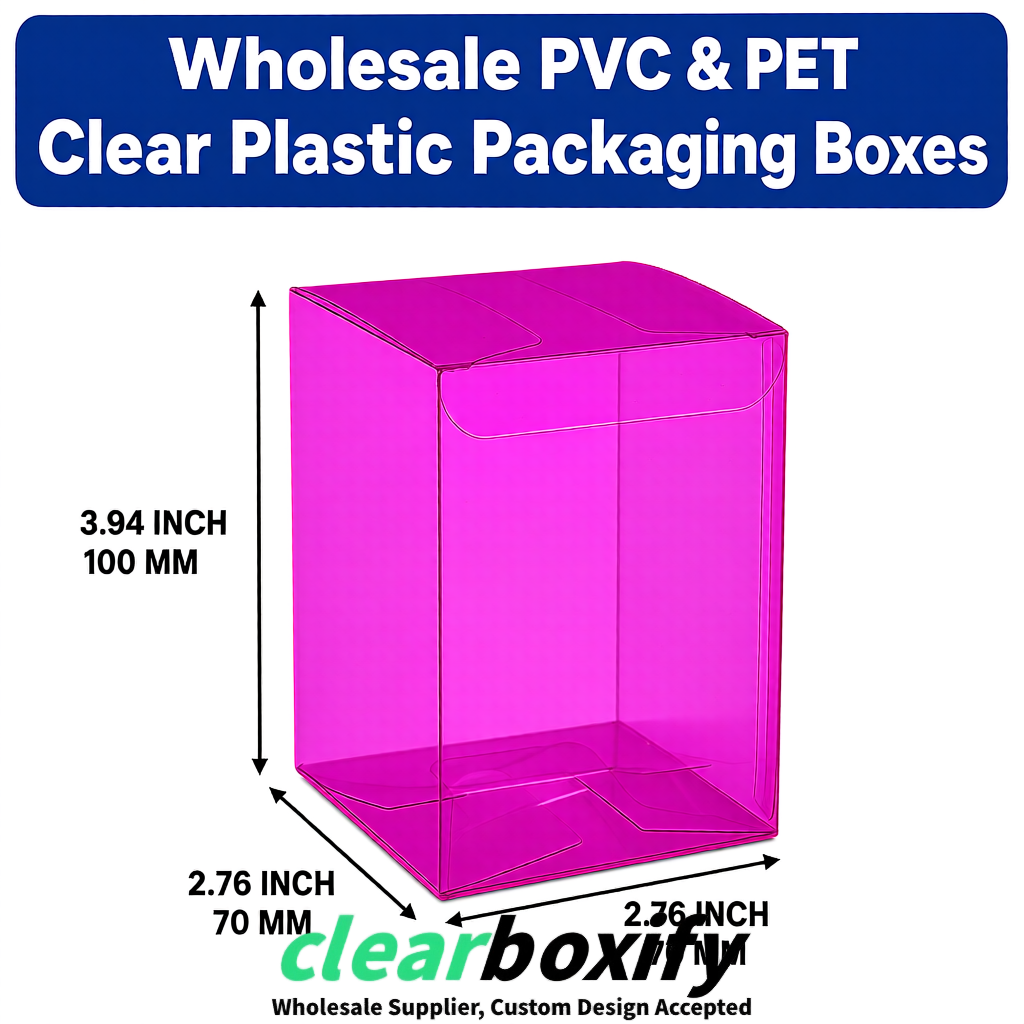 PPWR-Aligned Magenta Translucent PVC & PET Boxes 60x60x180mm 76x76x76mm 70x70x70/100/120mm