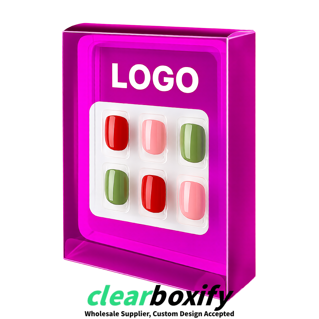 Magenta Clear Press-on Nails Box with Hanging Hook | Plastic PVC PP PET Packaging
