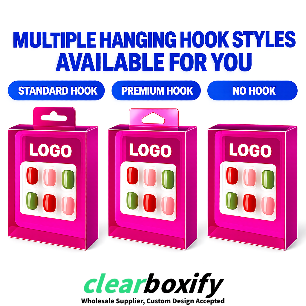 Magenta Clear Press-on Nails Box with Hanging Hook | Plastic PVC PP PET Packaging
