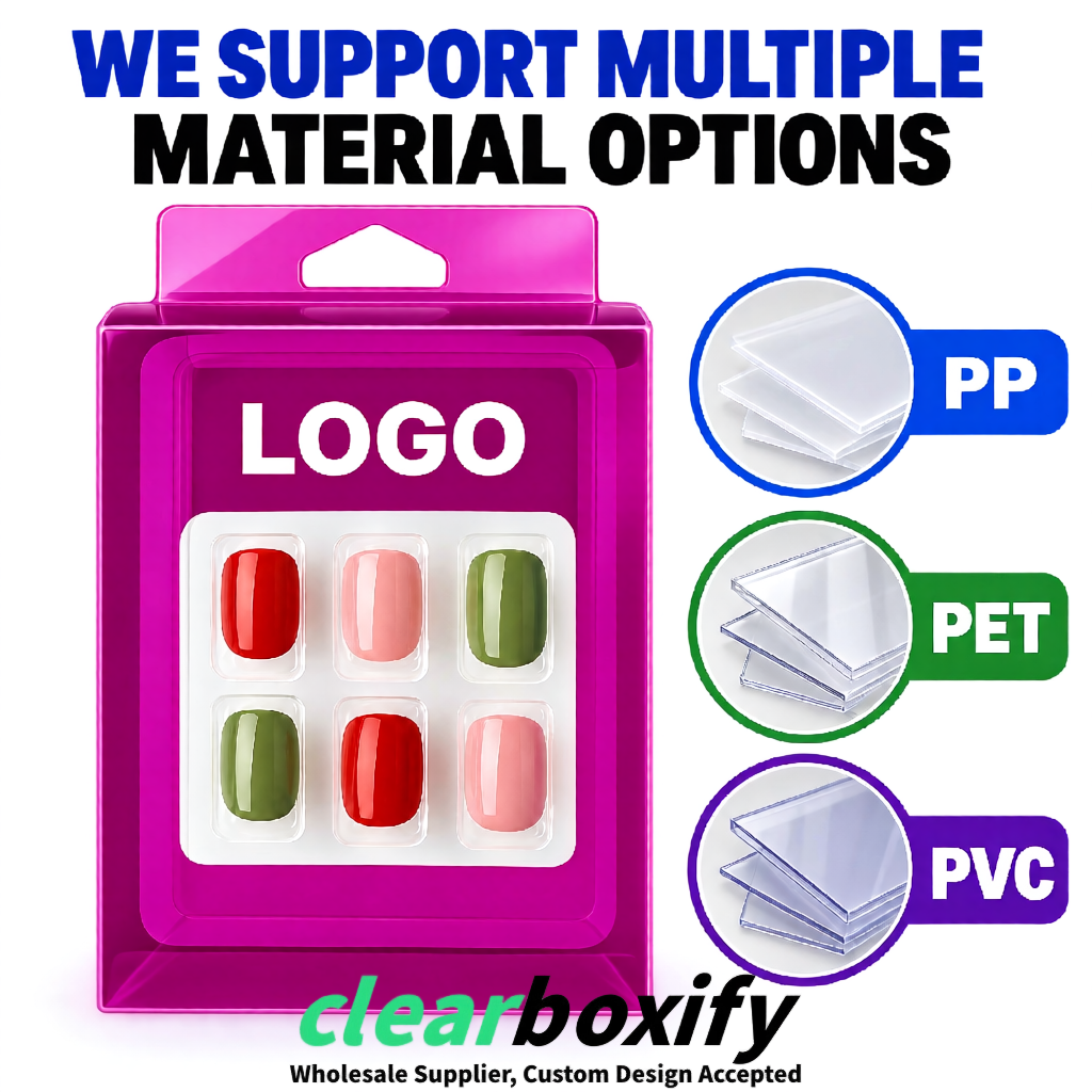 Magenta Clear Press-on Nails Box with Hanging Hook | Plastic PVC PP PET Packaging