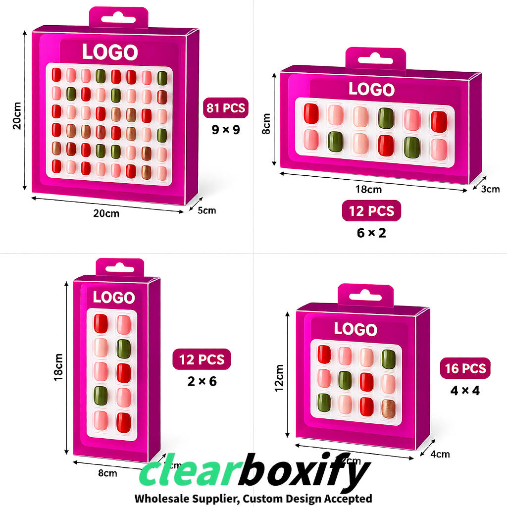 Magenta Clear Press-on Nails Box with Hanging Hook | Plastic PVC PP PET Packaging
