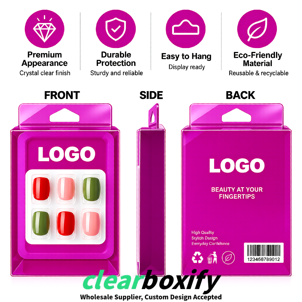 Magenta Clear Press-on Nails Box with Hanging Hook | Plastic PVC PP PET Packaging