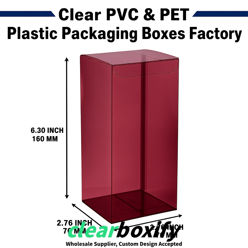 Maroon PPWR-ready PVC & PET Clear Boxes 80x80x80/120/140/190mm 70x70x160 mm Factory