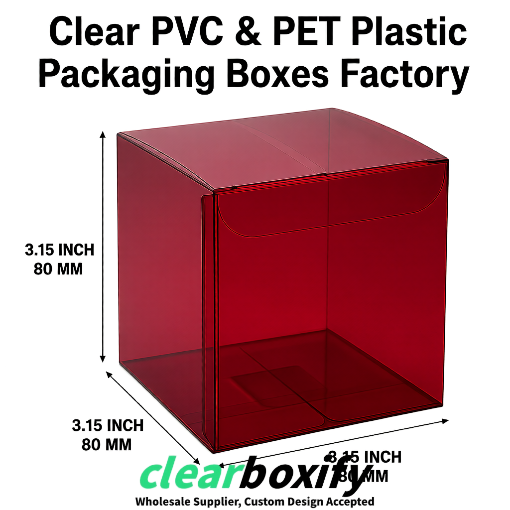 Maroon PPWR-ready PVC & PET Clear Boxes 80x80x80/120/140/190mm 70x70x160 mm Factory