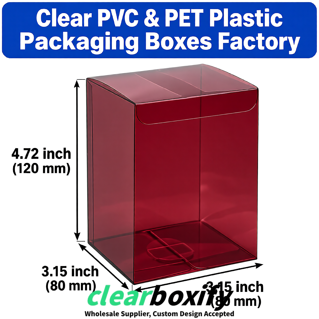Maroon PPWR-ready PVC & PET Clear Boxes 80x80x80/120/140/190mm 70x70x160 mm Factory