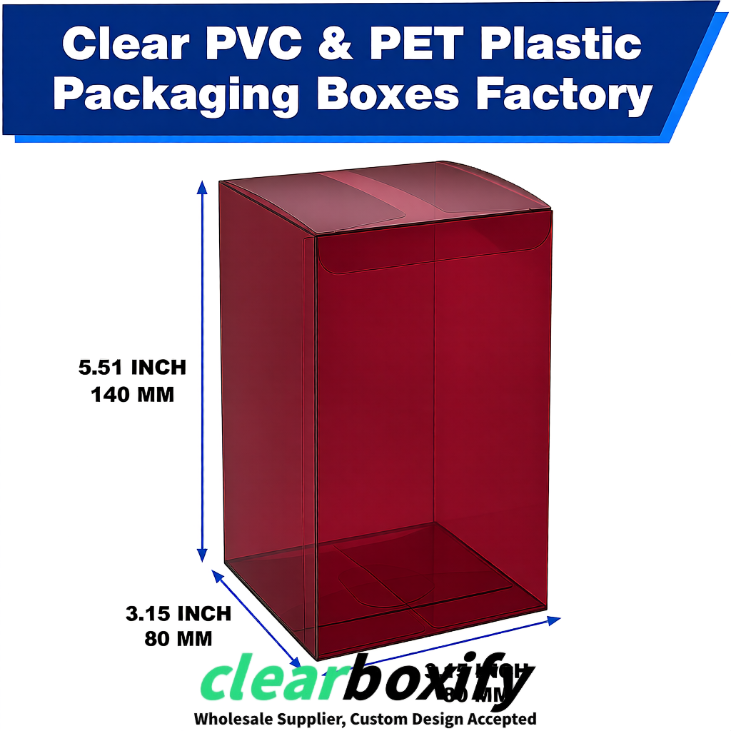 Maroon PPWR-ready PVC & PET Clear Boxes 80x80x80/120/140/190mm 70x70x160 mm Factory
