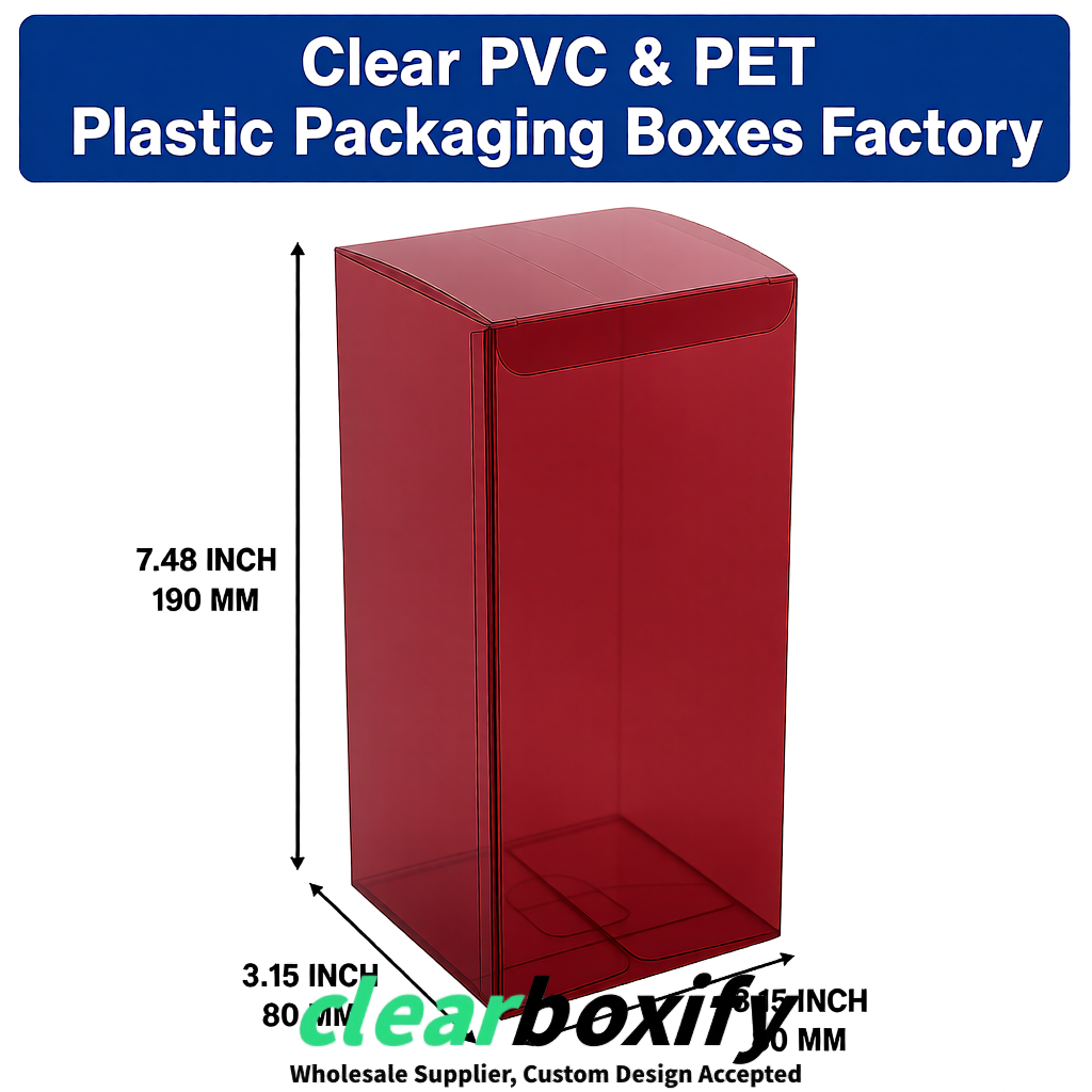 Maroon PPWR-ready PVC & PET Clear Boxes 80x80x80/120/140/190mm 70x70x160 mm Factory