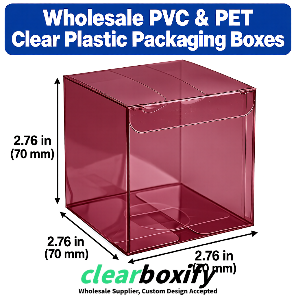 PPWR-Aligned Maroon Translucent PVC & PET Boxes 60x60x180mm 76x76x76mm 70x70x70/100/120mm