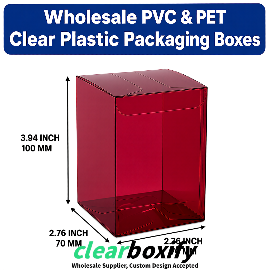 PPWR-Aligned Maroon Translucent PVC & PET Boxes 60x60x180mm 76x76x76mm 70x70x70/100/120mm